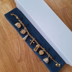 24K Gold Plated Thomas Kinkade FAITH AND FAMILY Charm Bracelet RELIGION
